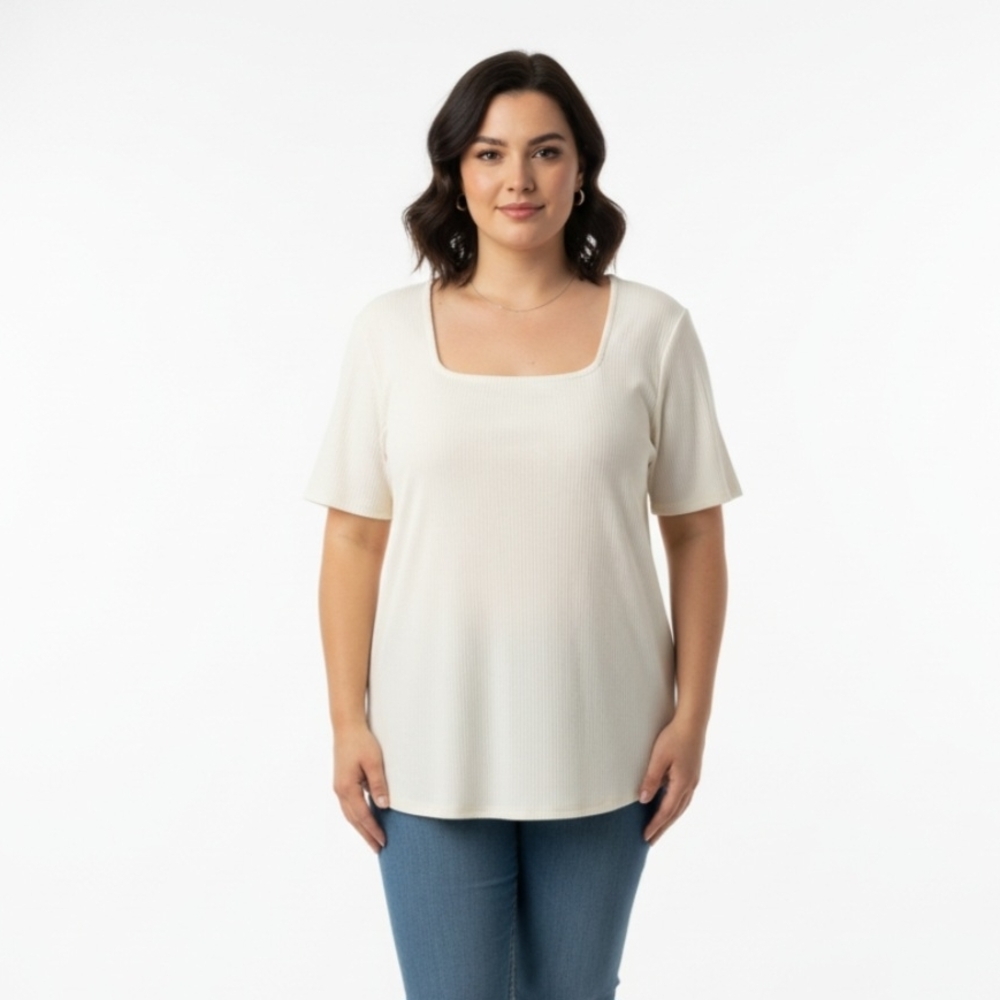 Terra & Sky Ivory Square Neck Short Sleeve Top NWT 4X (28W-30W)